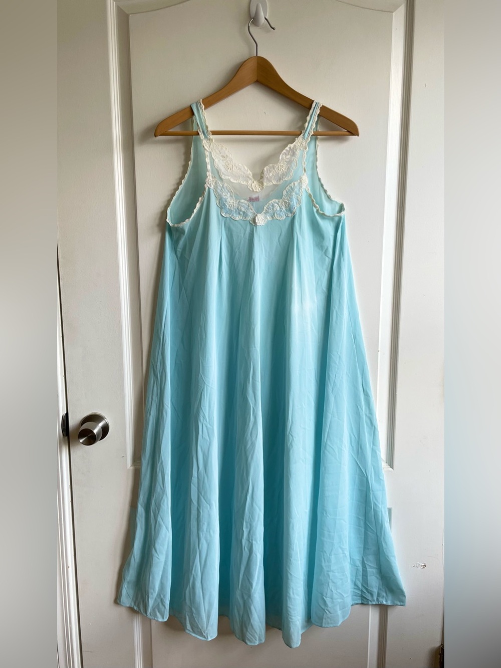 Vintage 1930 40 Odette Barsa Blue Chiffon Night Gown Slip Lace Trim Size S/M